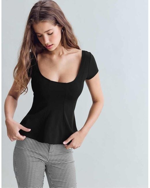 Stradivarius Gray Peplum Mini Sleeve Top
