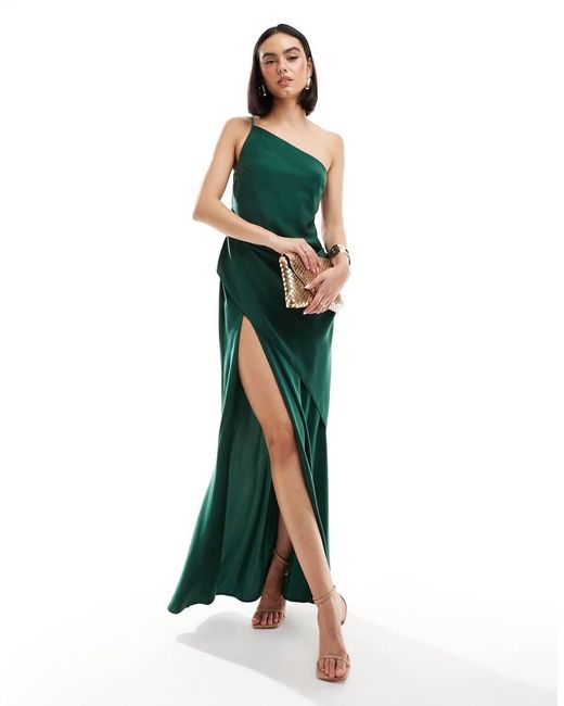 ASOS Satin One Shoulder Draped Maxi Dress With Thigh Split in Green Lyst UK