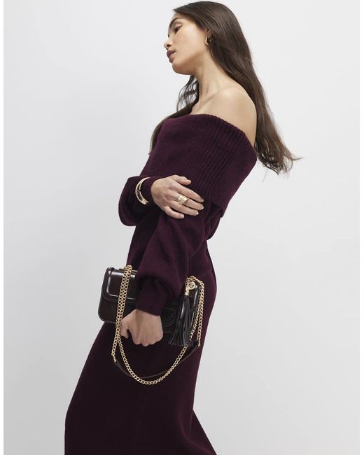 River Island Purple Knit Long Sleeve Bardot Midi Dress