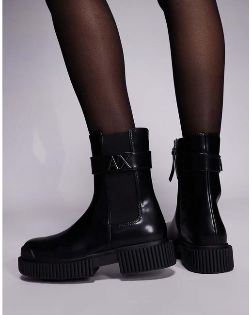 ARMANI EXCHANGE Black Buckle Logo Ankle Boots