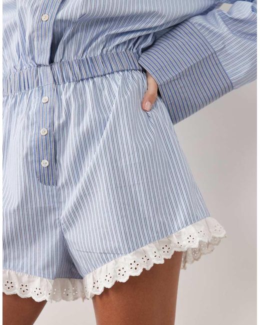 ASOS Blue Shirt Playsuit With Lace Trim