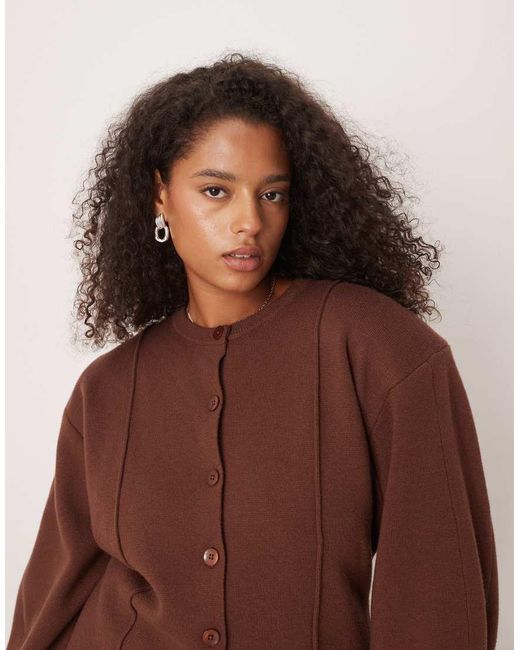 ASOS Brown Asos Design Curve Structured Shoulder Pad Waisted Crew Neck Cardigan