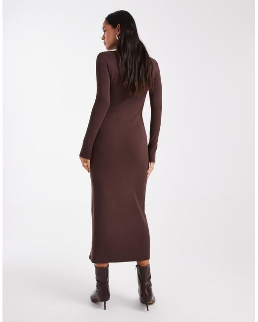 4th & Reckless Brown Rib Knit Gold-tone Button Up Collared Maxi Dress