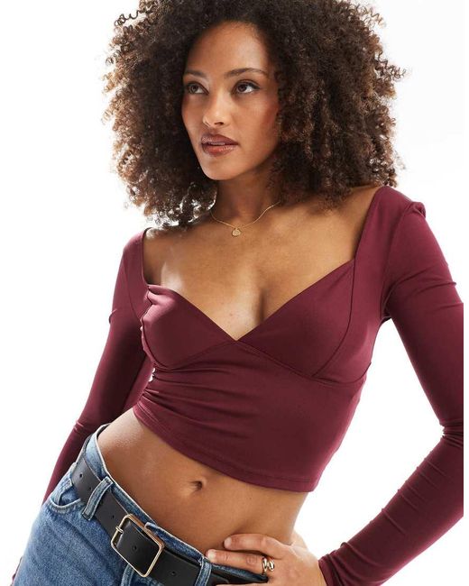 Stradivarius Red Sweetheart Neck Sculpt Long Sleeve Top