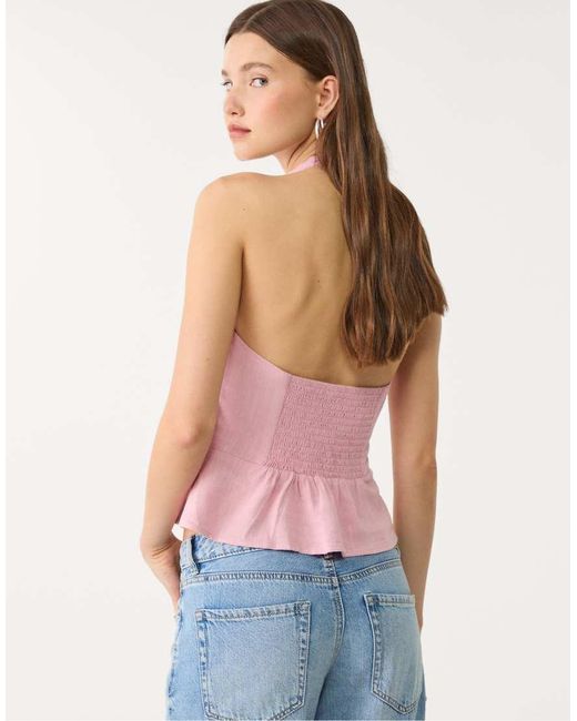 Stradivarius Pink Linen Blend Halter Top With Buttons