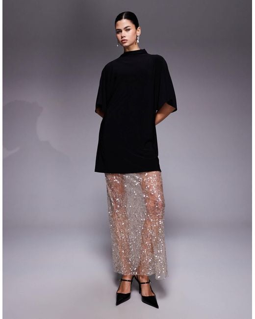 ASOS 2 In 1 Short Sleeve T-shirt And Lace Sequin Skirt Maxi Dress In  Champagne in Blue | Lyst Australia