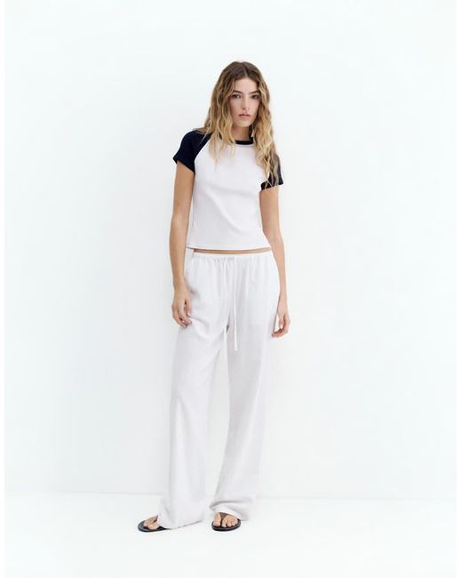 Pull&Bear White Linen Blend Trousers