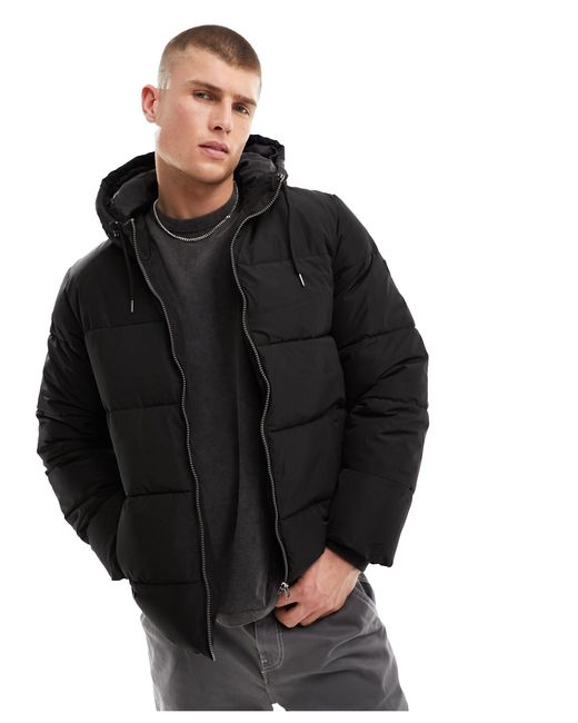 Only & Sons Black Heavyweight Hooded Puffer Jacket for men