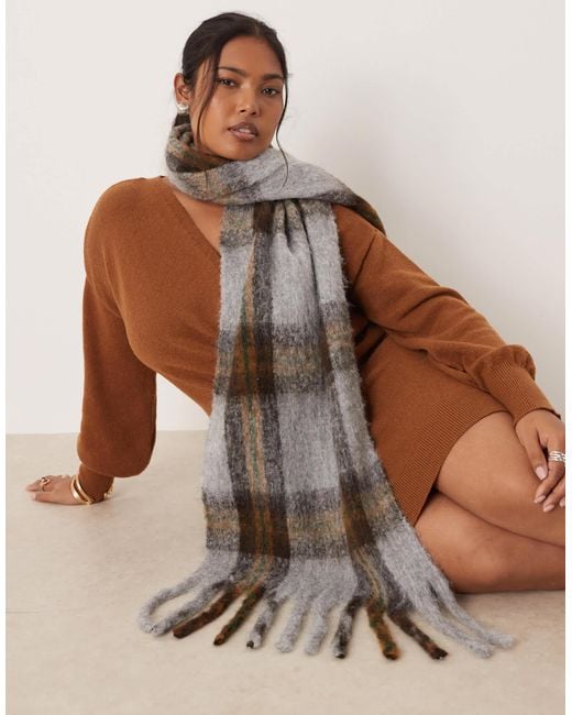 ASOS Brown Woven Plaid Tassel Scarf