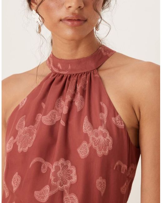 Maya Red Floral Jacquard Halter Neck Maxi Dress
