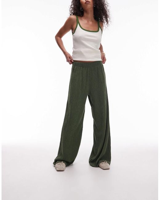 TOPSHOP Green Textured Wide Leg Trousers