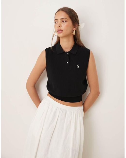 Polo Ralph Lauren Black Icon Logo Cropped Sleeveless Polo Shirt