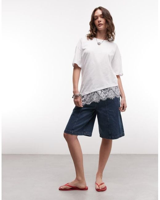 Noisy May Blue Oversized Asymetric T-shirt With Lace Hem