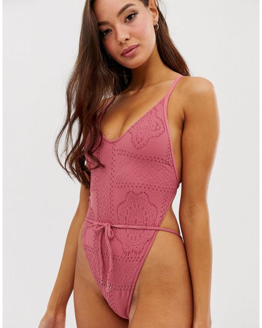 pink high leg swimsuit