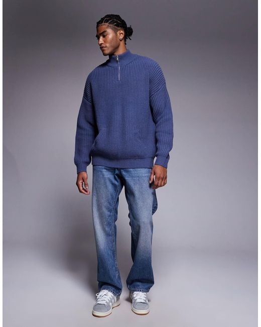 ASOS Blue Oversized Knitted Half Zip Jumper for men