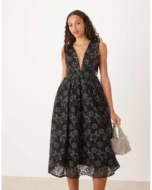 True Decadence Natural Plunging Neckline Skater Midi Dress