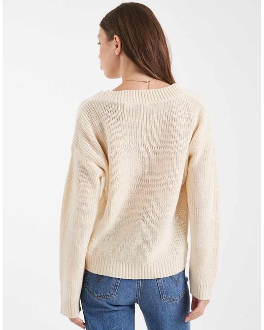 Brave Soul Natural Deep V Neck Fisherman Knit Sweater