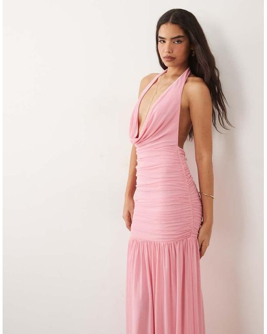 ASOS Pink Plunge Cowl Mesh Maxi Dress With Ruched Drop Waist Detail
