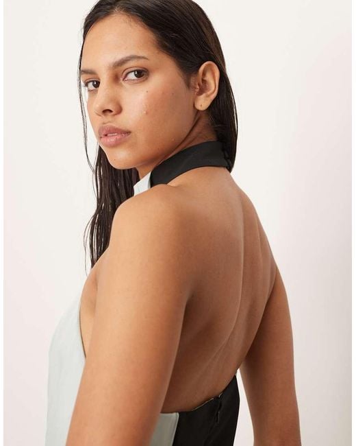 ARRANGE Natural Satin Contrast Back Halter Square Cut Maxi Dress