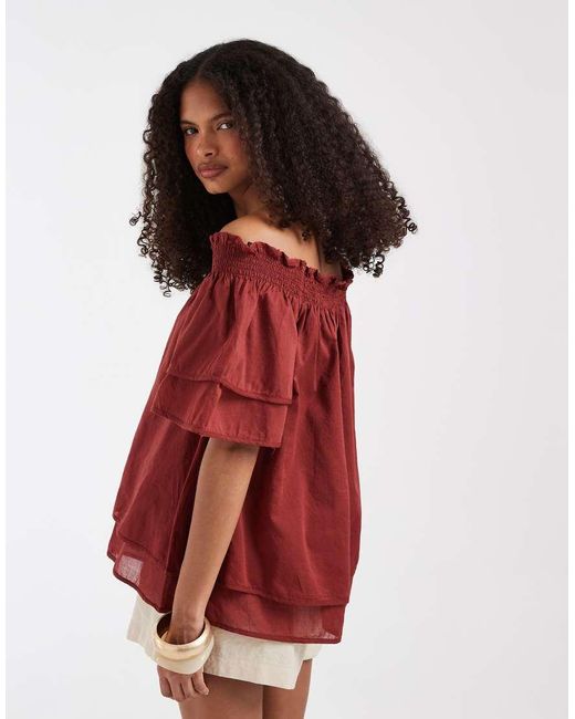 Aware Red Off Shoulder Ruffle Top With Smock Detail