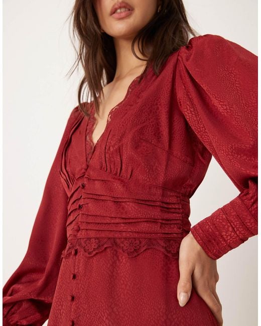 Miss Selfridge Red Satin Jacquard Button Through Lace Trim Midi Dress