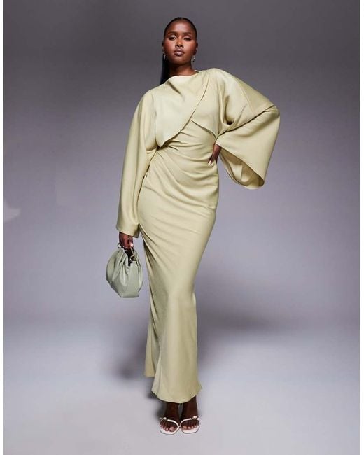 ASOS Green Wrap Front Batwing Satin Bias Maxi Dress