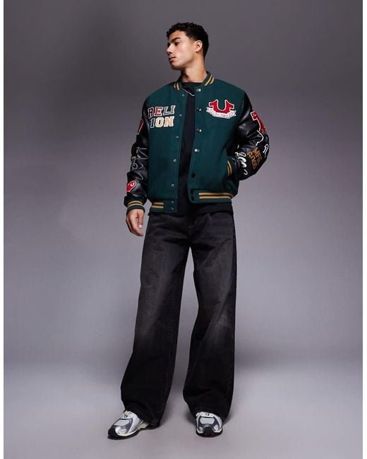 True Religion Blue Patch Embroidered Varsity Jacket for men