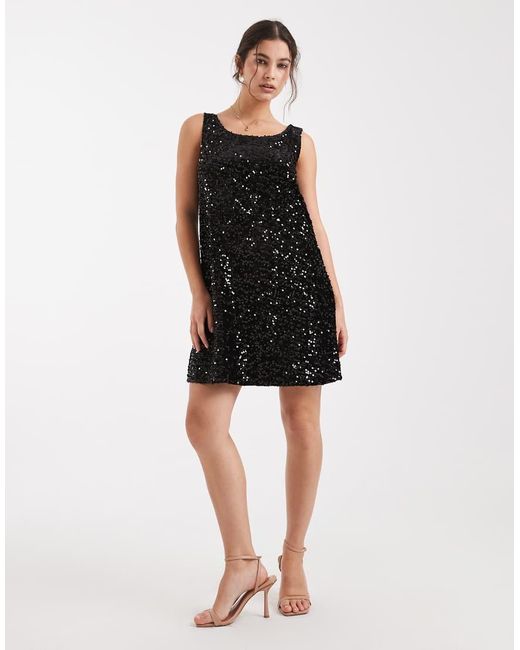 Pieces Black Reversible Slash Neck Sequin Mini Shift Dress