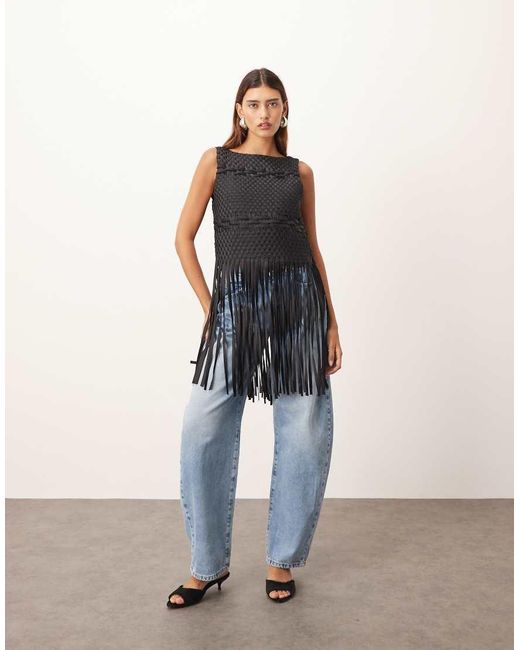 ARRANGE Black Lattice Handwoven Top With Fringe Hem