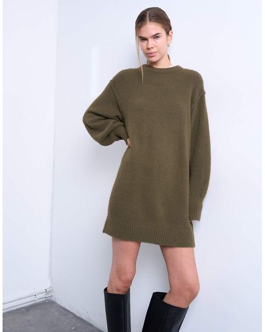 TOPSHOP Pluizige Gebreide Mini Jurk Met Ronde Hals in het White