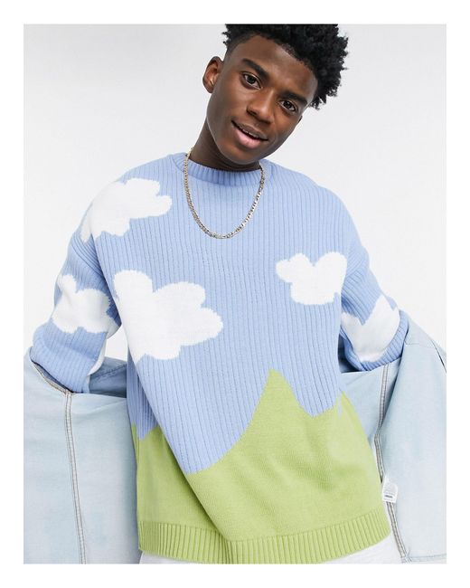 ASOS Blue Knitted Oversized Jumper With Cloud Landscape Pattern for men
