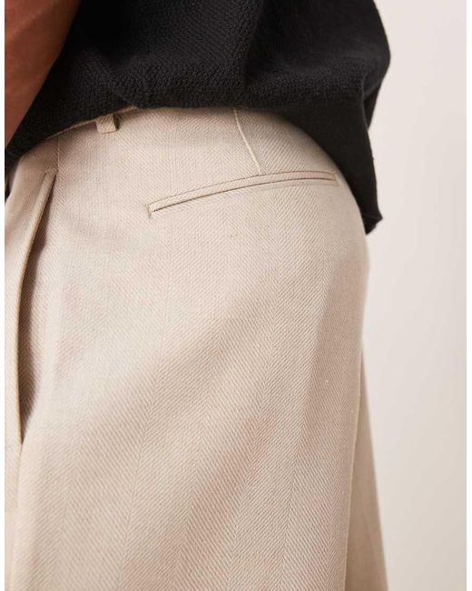 ASOS Natural Smart Oversized Tapered Pleated Trousers With Wool for men
