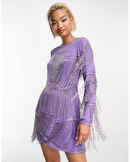 ASOS Embellished Shift Mini Dress With Beaded Fringe in Purple | Lyst Canada