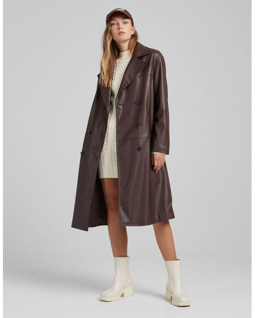 Bershka Brown Faux Leather Trench Coat