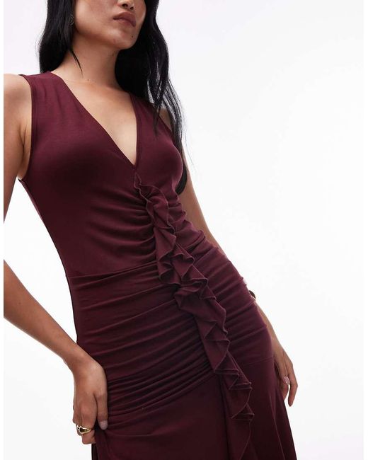 & Other Stories Red Jersey Midaxi Dress With Ruffle Front And Ruching