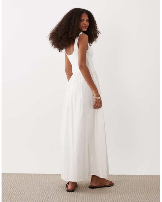 ASOS White Scoop Neck Midi Dress With Ribbed Bodice And Poplin Skirt
