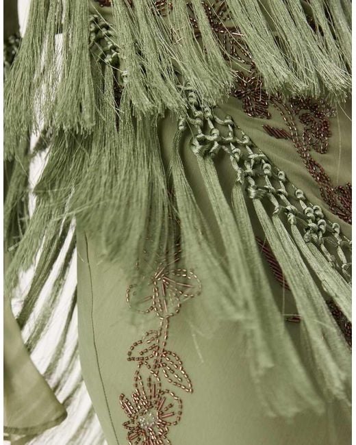 ASOS Green Long Sleeve Floral Embellished Maxi Dress With Draped Fringe