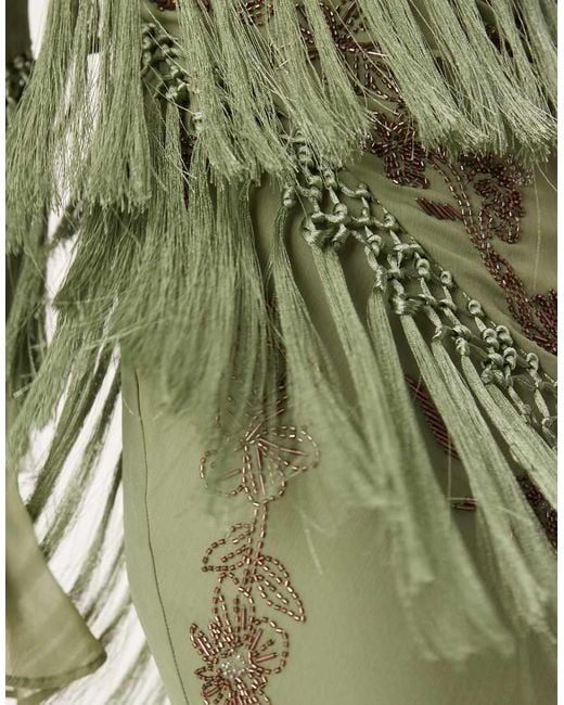 ASOS Green Long Sleeve Floral Embellished Maxi Dress With Draped Fringe