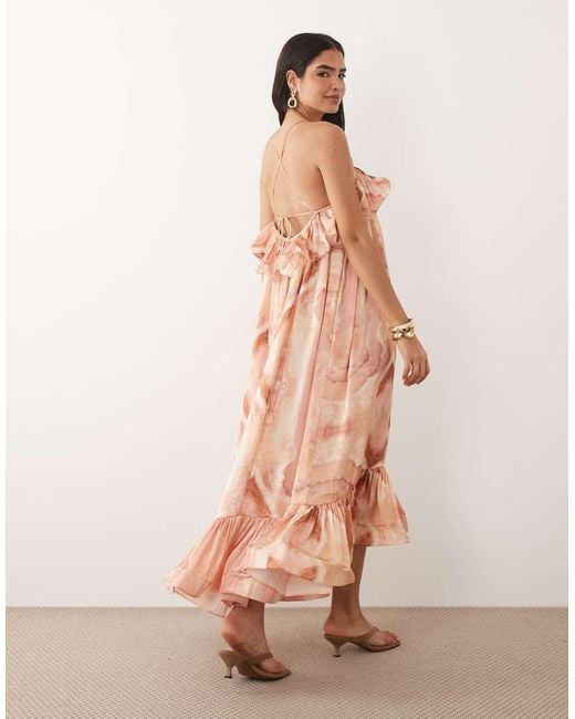 Vero Moda Pink Voluminous exaggerated Ruffle Cami Satin Midi Dress