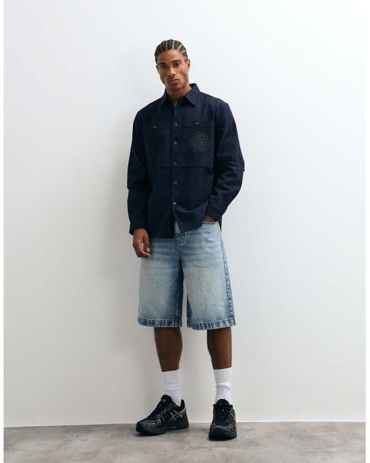 Parlez Blue Embroidered Logo Shirt With Patch Pocket Print for men