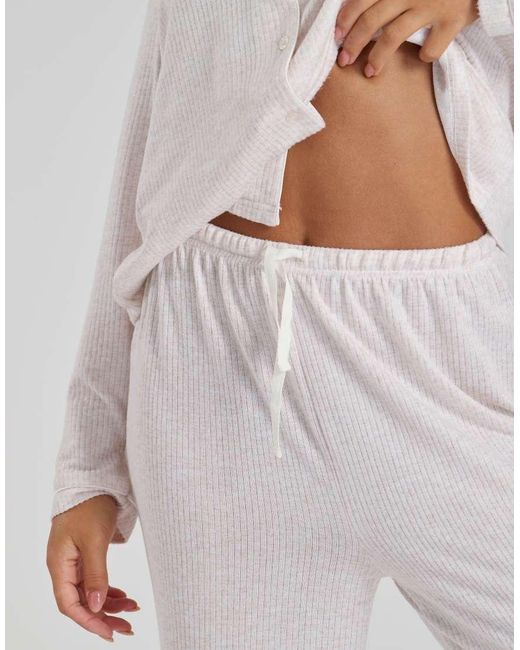 Loungeable White Marl Brushed Knit Rib Traditional Pyjama Set