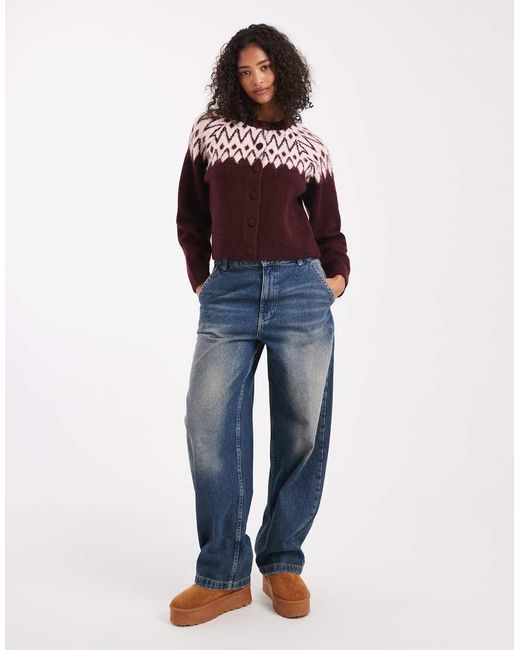 New Look Red Fair Isle Crew Neck Cardigan