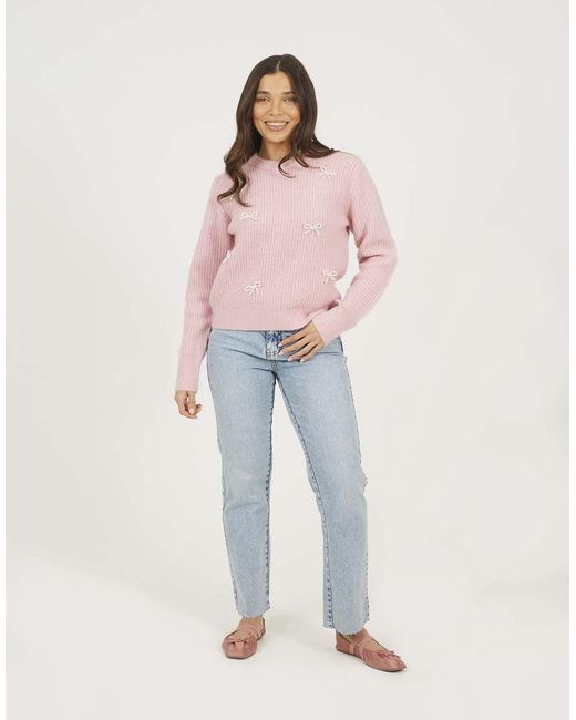 Brave Soul Pink Crew Neck Jumper With Jewel Bow Detail
