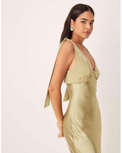 Pretty Lavish Natural Bridesmaid Piper Satin Bow Shoulders V-neck Maxi Dress