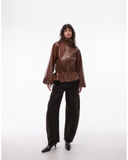ASOS Brown Gatehred Waist Bubble Pu Jacket