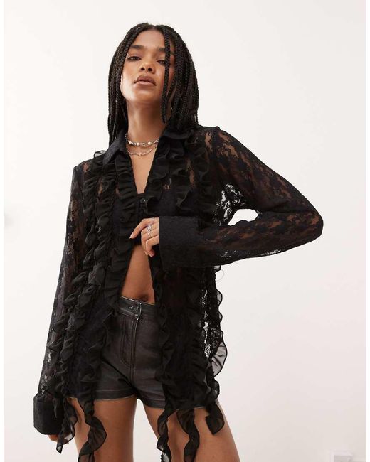 Amy Lynn Black Frill Detail Lace Shirt