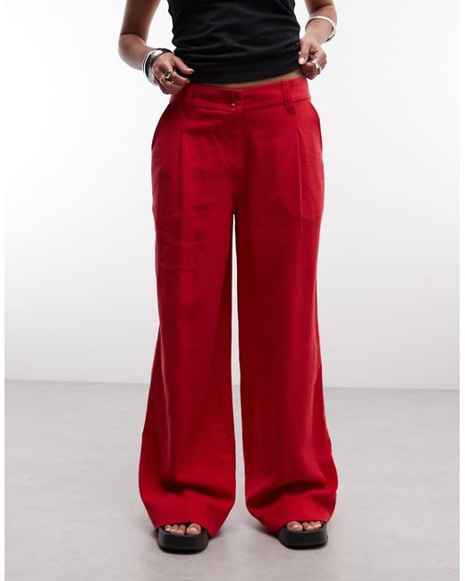 ASOS Red Asos Design Petite Relaxed Straight Leg Pants With Linen