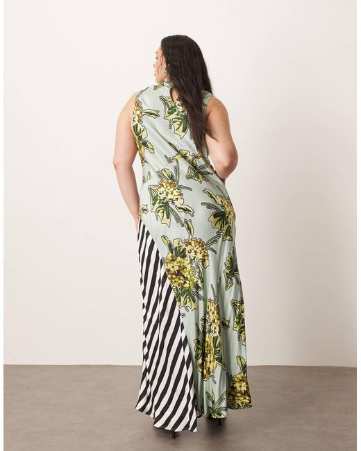 ARRANGE White Curve Floral Print And Stripe Sleeveless Cowl Neck Maxi Dress-multi
