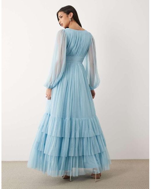 LACE & BEADS Blue Bridesmaid Madison Smocked Plunge Neck Sheer Sleeves Maxi Dress
