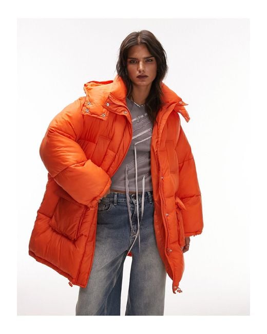 Doudoune oversize à capuche avec poches avant - vif TOPSHOP en coloris Orange